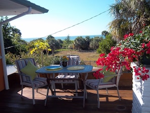 Um pátio com mesa e cadeiras, com vista para o mar e vegetação.