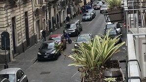 A narrow street lined with historic buildings, parked cars, and potted plants. - Papali (Catania)