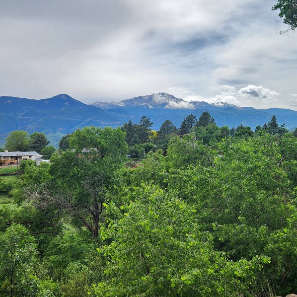 A mountainous landscape with dense green foliage in the foreground and snow-capped peaks in the background. - Colorado Springs Mesa Retreat (Colorado Springs)