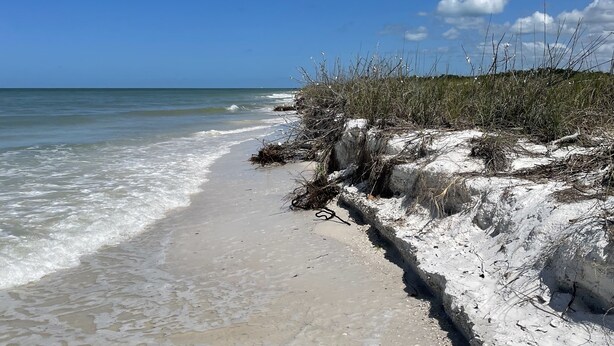 Ein Strand mit klarem Himmel und ruhigem Wasser.