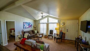 Flat-screen TV, books, video library