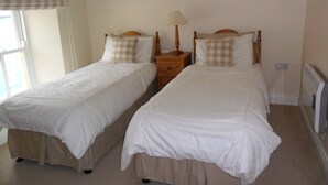 A double room with two single beds, a bedside table with a lamp, a window with a curtain, and a framed picture on the wall.