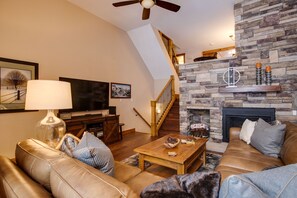 Smart TV, fireplace, video games, DVD player