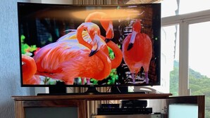 Un televisor sobre un mueble de madera con un mini refrigerador con puerta de vidrio.