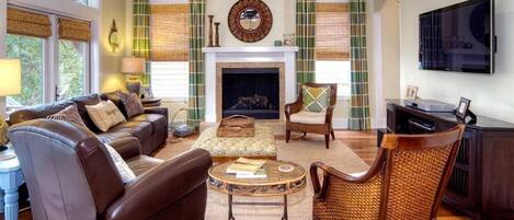 Smart TV, fireplace, DVD player, books