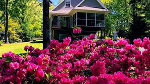 Uma casa de dois andares com varanda, cercada por vegetação exuberante e vibrantes flores cor-de-rosa.