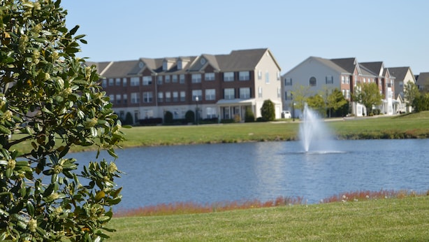 A residential area with houses, a pond, and a fountain.