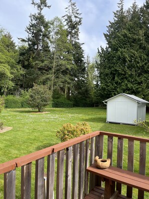 A wooden deck with a bench and a small shed in a lush green garden with tall trees and a clear sky. - Private Beach Access Trail, peaceful wooded setting - sleeps 3 (Port Angeles)
