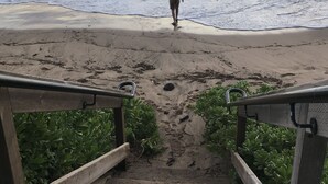 Eine Holztreppe führt zu einem Strand, eine Person geht in Richtung Wasser.