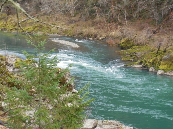 Un río serpenteando por una zona boscosa con riberas rocosas y vegetación escasa.