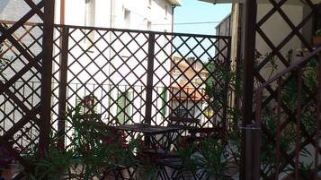 Un patio con cerramiento metálico, una mesa y plantas en macetas.