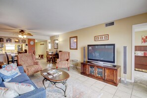 TV, fireplace, books