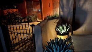 A gated entrance with a potted plant and a concrete planter with a plant. - Beautiful Santa Fe Oasis. Golf, hiking & biking paradise, 20 min drive to UofA. (Tucson)