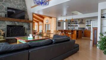 Smart TV, fireplace, books