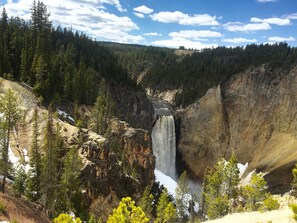 Ein tiefes Canyon mit Wasserfall, umgeben von dichtem Wald und felsigem Gelände.