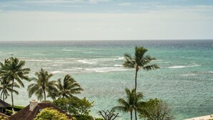 A coastal view with palm trees and a clear sky.