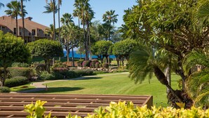 A well-maintained golf course with a clear path, surrounded by lush greenery and palm trees.