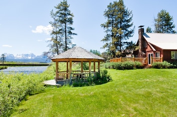 Gazebo on the edge of the Salmon River with views of the Sawtooth Mountains 