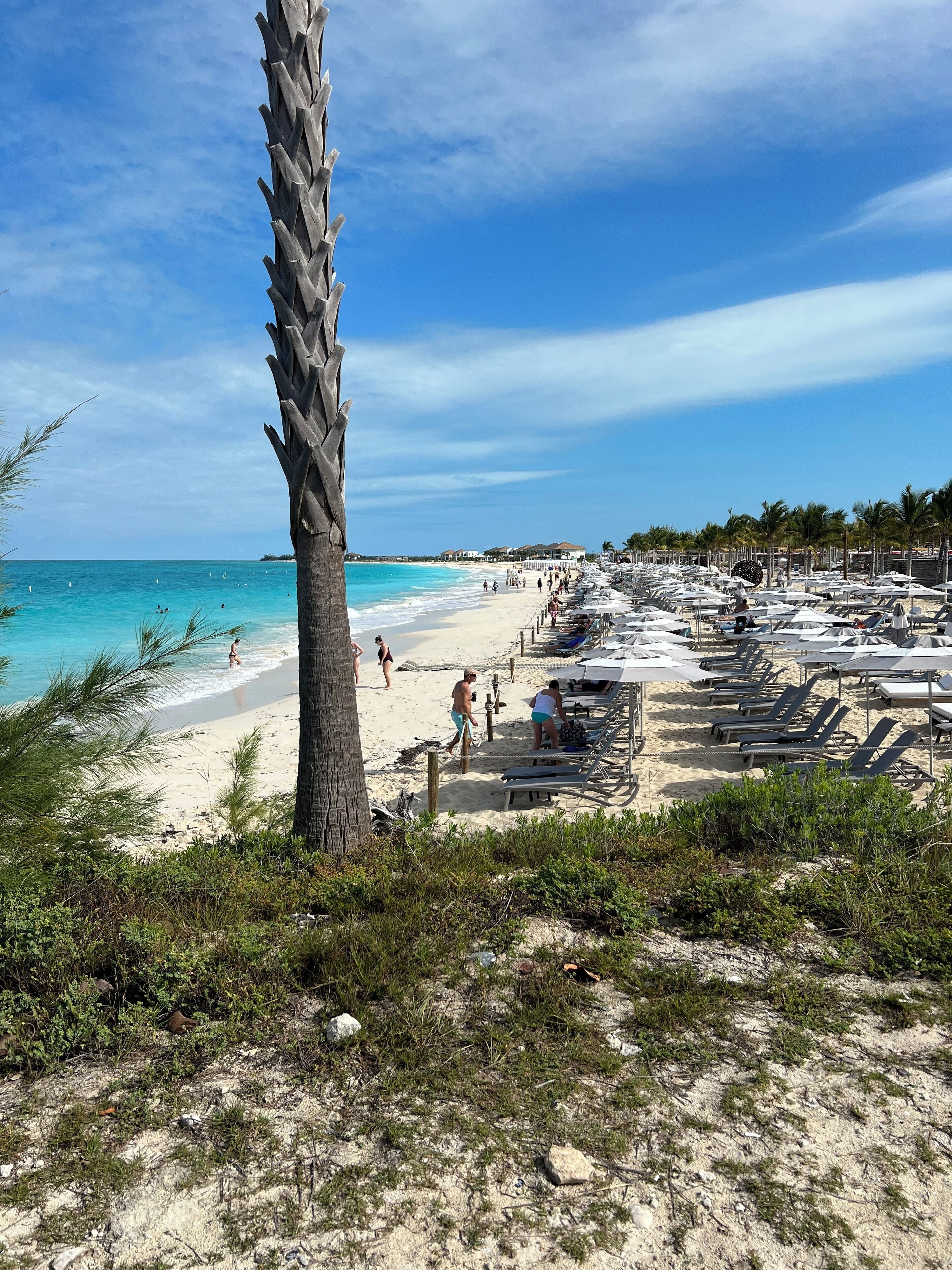 En la playa, camastros y toallas de playa 