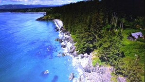 A coastal property with a rocky shoreline, dense forest, and a small house with a sloped roof. - Contemporary Oceanfront Cottage with Private Beaches, Trails, and Gardens (Sooke)