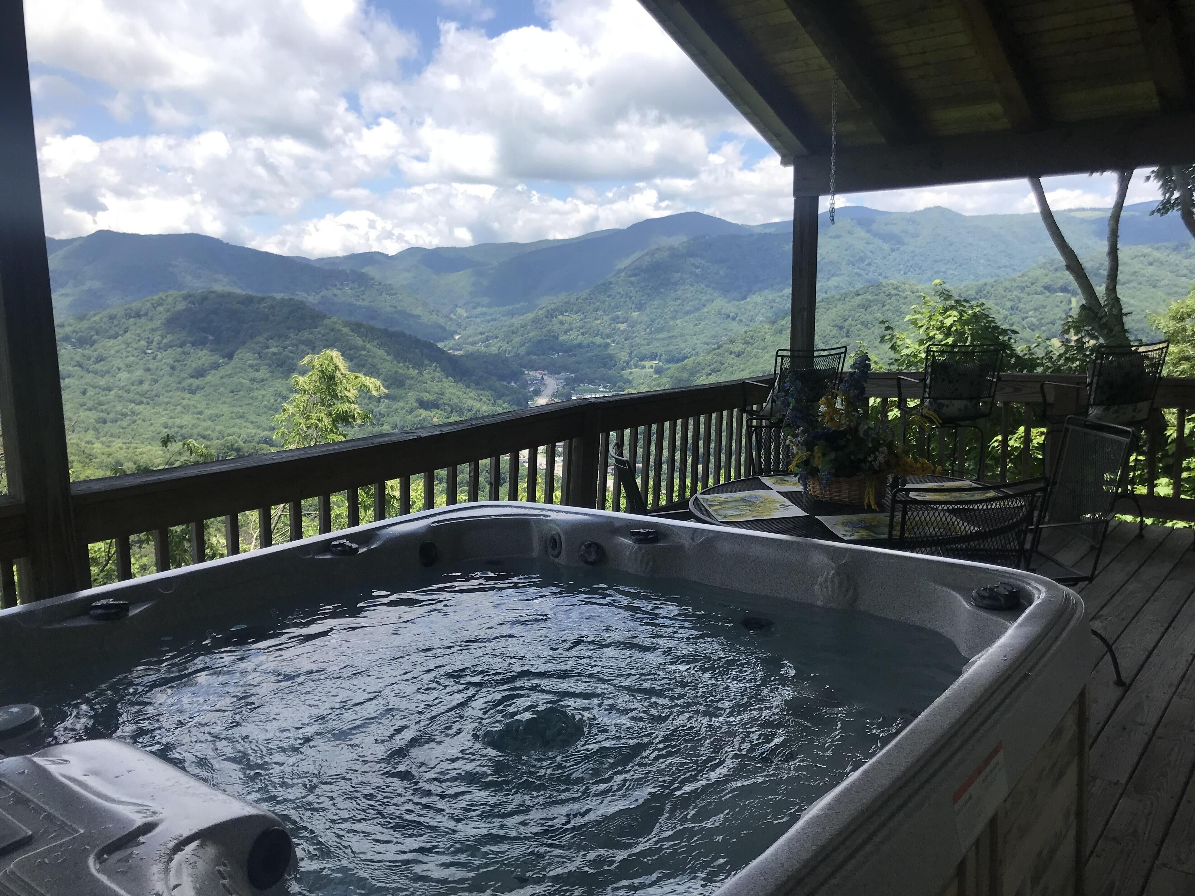 Relaxing in the hot tub on the upper deck overlooking the Smokey mountains.
