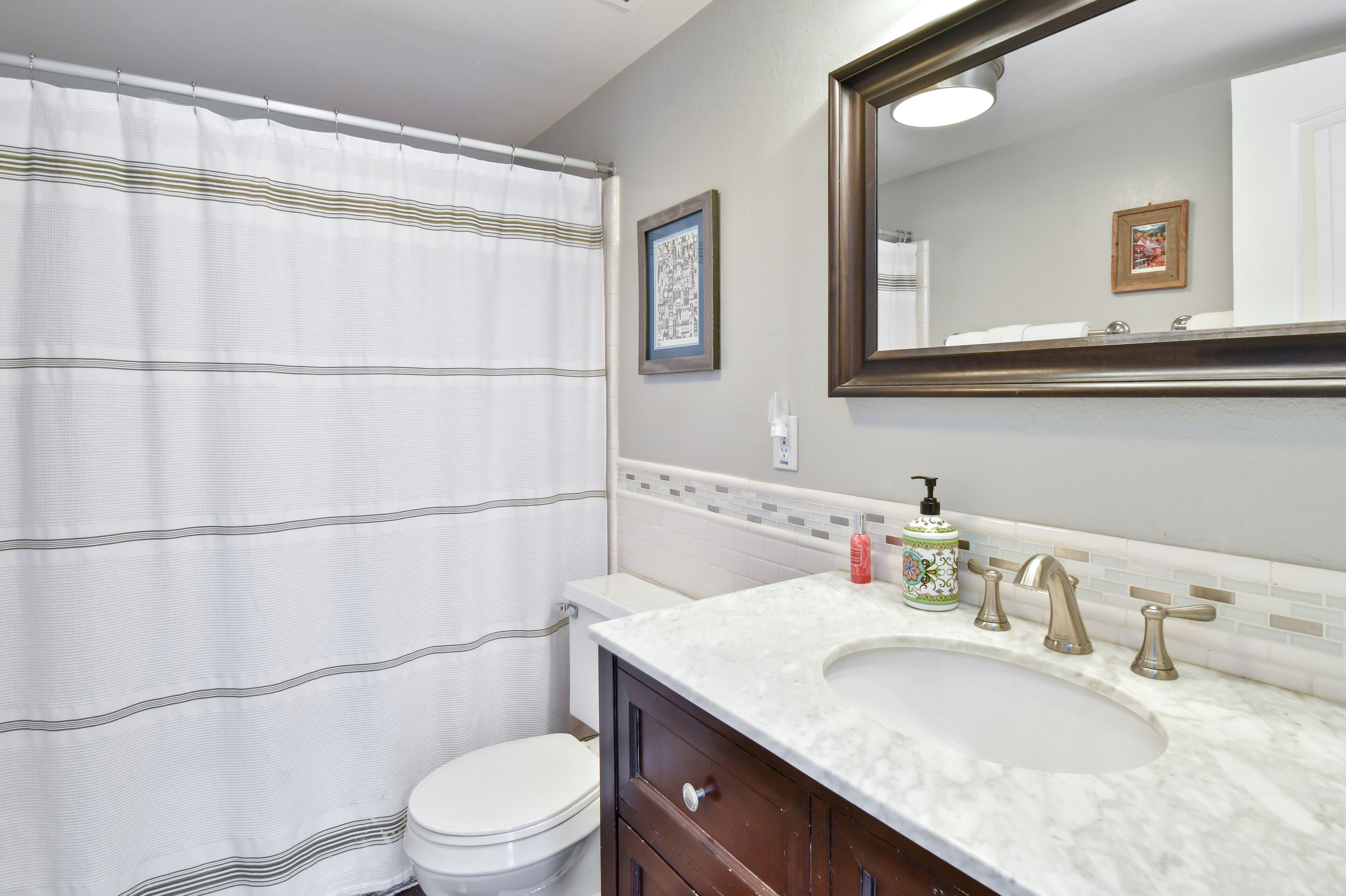 Une salle de bain avec un rideau de douche, des toilettes, un lavabo avec un miroir et un tableau encadré au mur.