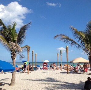 Ein Strand mit Palmen, Sonnenschirmen und Menschen.