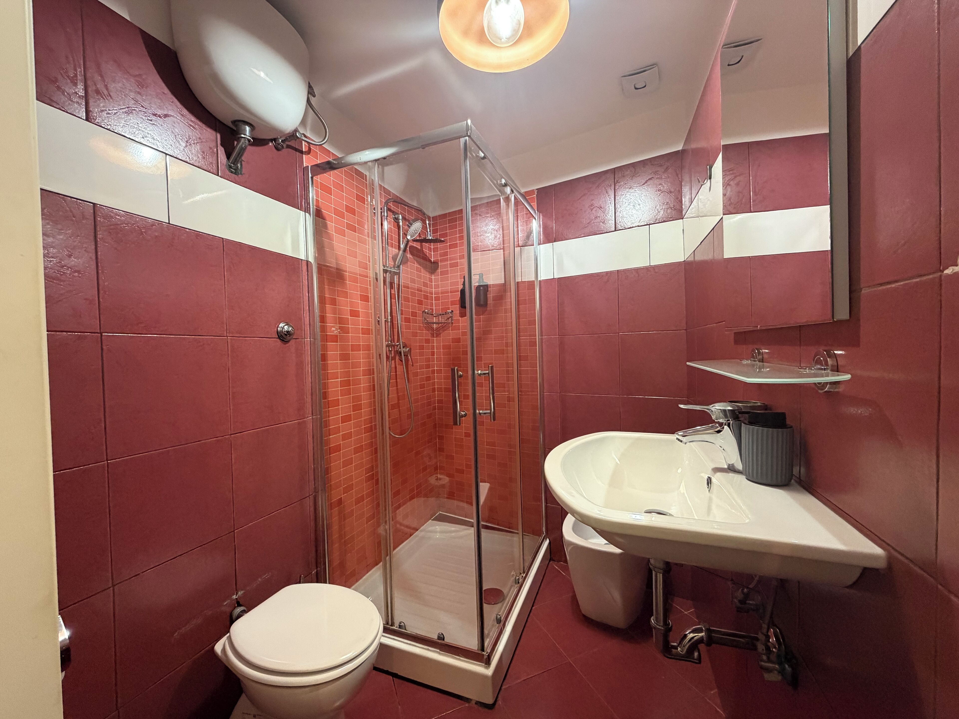 Un baño con ducha de mampara de vidrio, inodoro blanco y lavabo con espejo.