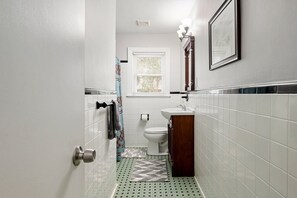Hair dryer, towels, soap, toilet paper