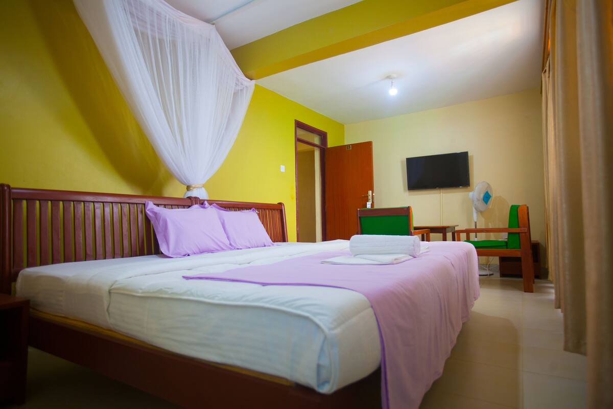 A hotel room with a bed, a television, a desk, and a chair.