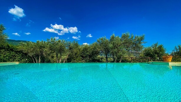Une piscine d’un bleu éclatant, entourée d’une végétation luxuriante et d’arbres, sous un ciel d’un bleu profond.