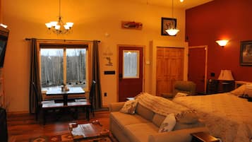 Televisión, chimenea, reproductor de DVD y videoteca