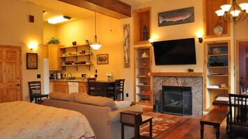 Televisión, chimenea, reproductor de DVD y videoteca