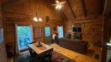 Flat-screen TV, fireplace, DVD player, books