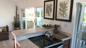 A kitchen with a built-in stove, a large window, and two framed botanical prints on the wall.