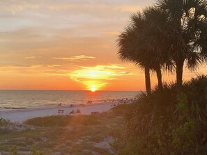 On the beach, sun-loungers, beach towels