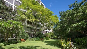 A courtyard with a lawn, a wooden bench, and a building with multiple balconies. - St Martini 416 (Cape Town)