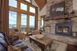 Smart TV, chimenea, reproductor de DVD y libros 