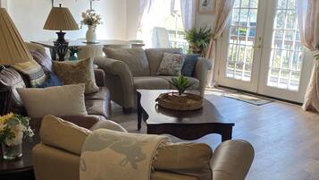 Smart TV, fireplace, books
