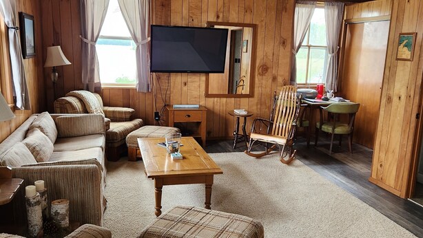 Una habitación acogedora de estilo cabaña, con paredes de madera, un televisor de pantalla plana grande, un sofá, una mesa de centro y un sillón mecedor.