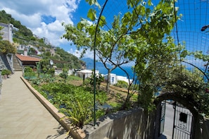 A pathway leading to a gated entrance with a view of a coastal area and terraced houses.