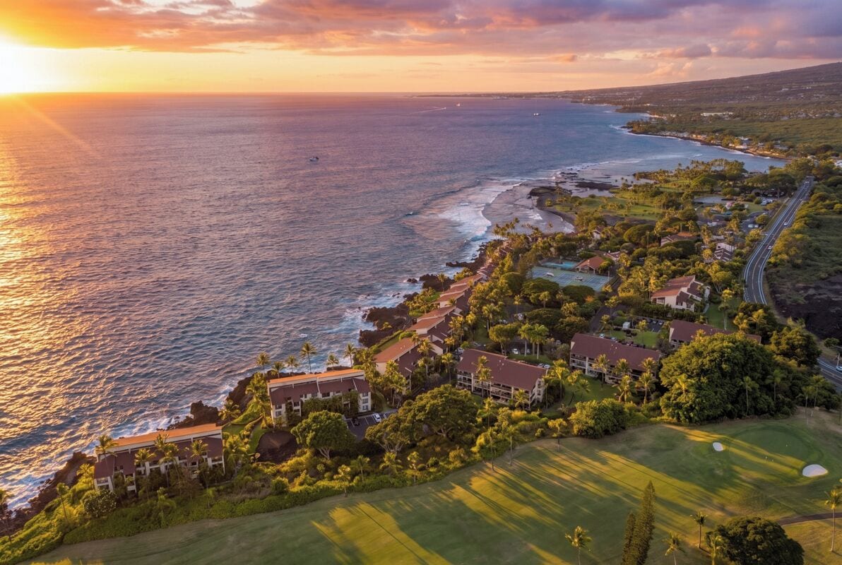 A coastal resort with beachfront properties, a golf course, and a road leading to the beach.
