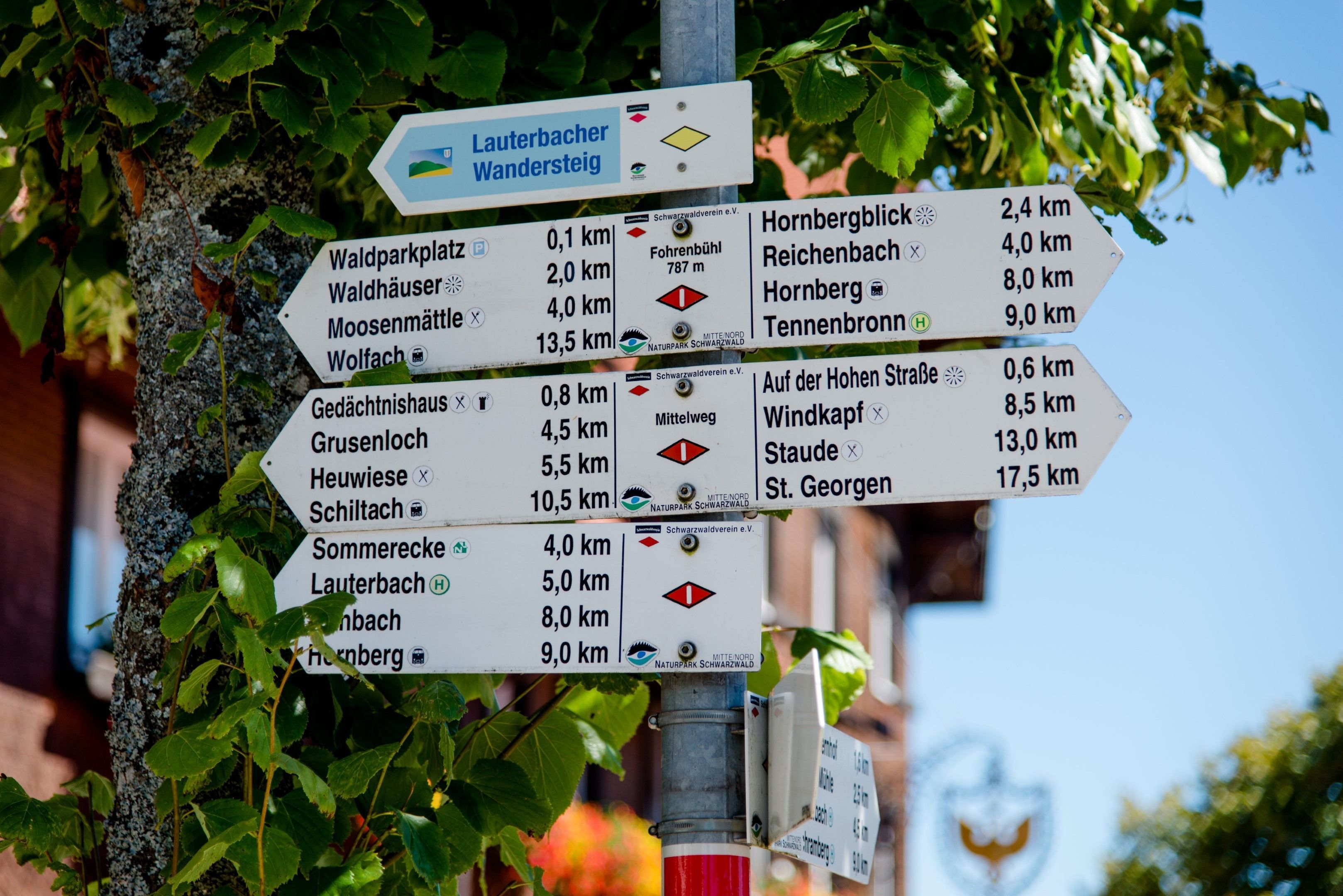 A directional signpost with multiple destination markers, including distances and directions to various local attractions.