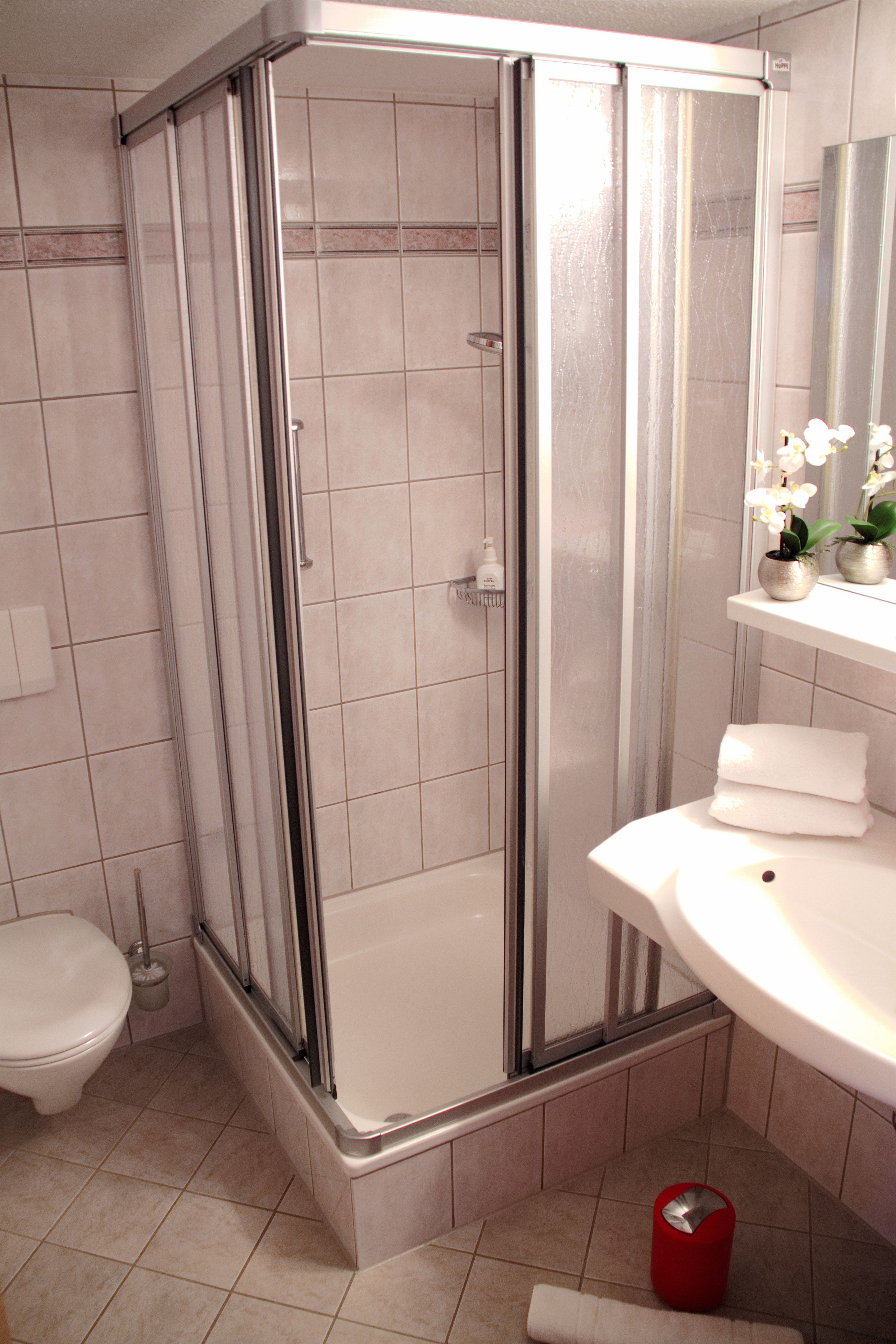 A bathroom with a glass-enclosed shower, a toilet, and a sink with a mirror above it.