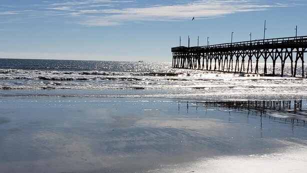 A beach with a pier extending into the ocean. - Updated condo with a fantastic view!



 (Calabash)