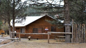 A rustic log cabin with a metal roof, a wooden fence, and a sign indicating it is the West Taneyee Retreat.