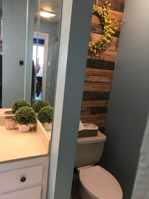 Combined shower/tub, hair dryer, towels, soap