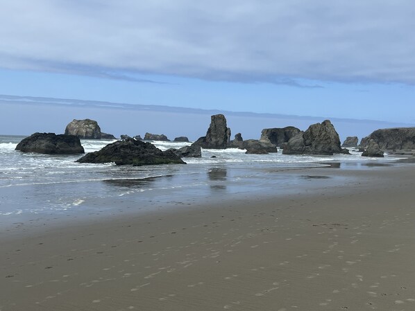 On the beach, sun-loungers
