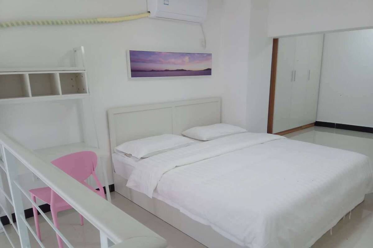 1 bedroom, desk, blackout curtains, iron/ironing board