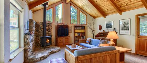 Tv, eldstad, dvd-spelare och böcker